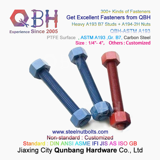 QBH PTFE 1070 Kırmızı/Mavi/Siyah/Yeşil Kaplamalı 1/4"-4" ASTM A193 B7 Dişli Çubuk Saplama Cıvatası, A194-2H Ağır Altıgen Somunlu 2
