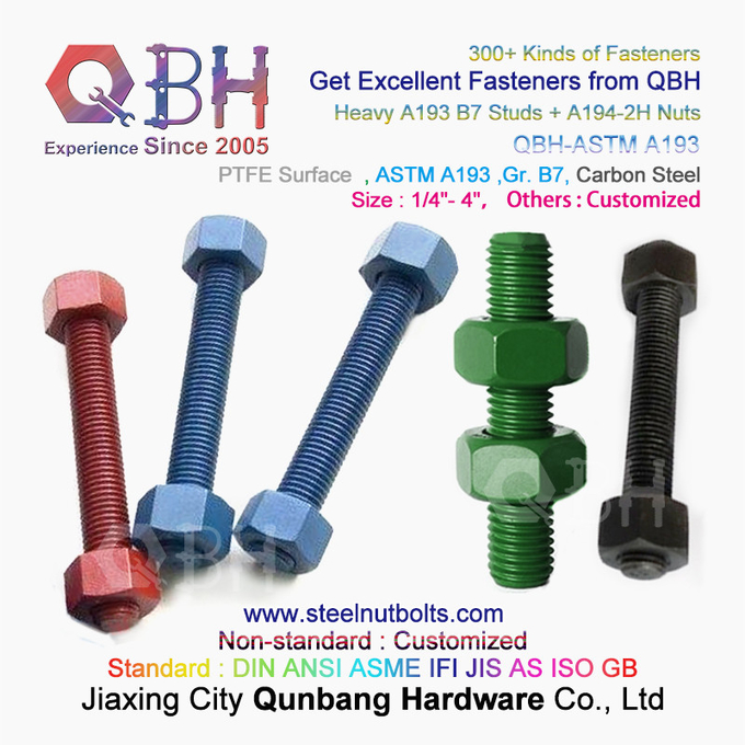 QBH PTFE 1070 Kırmızı/Mavi/Siyah/Yeşil Kaplamalı 1/4"-4" ASTM A193 B7 Dişli Çubuk Saplama Cıvatası, A194-2H Ağır Altıgen Somunlu 3