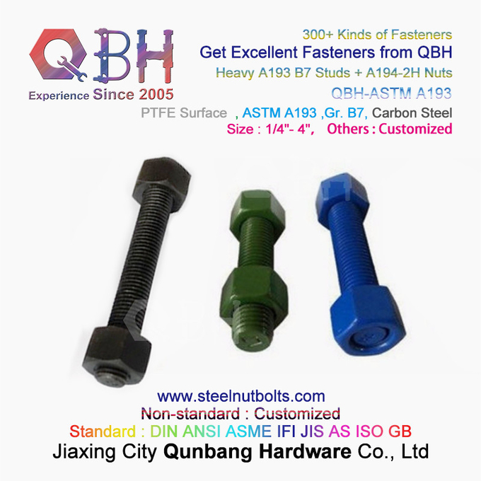 QBH PTFE 1070 Kırmızı/Mavi/Siyah/Yeşil Kaplamalı 1/4"-4" ASTM A193 B7 Dişli Çubuk Saplama Cıvatası, A194-2H Ağır Altıgen Somunlu 0